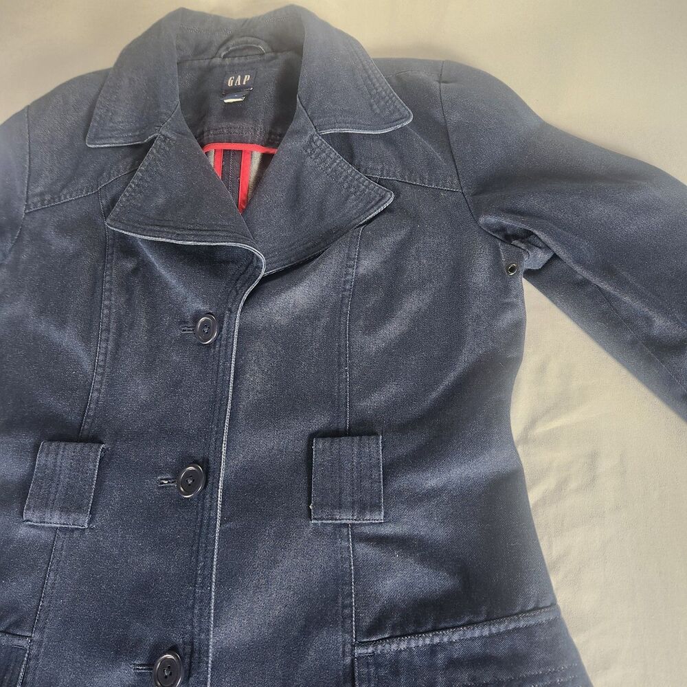 GAP Womens Navy Blue Trench Coat Jacket Size L Cotton Blend Button Front - Picture 3 of 10